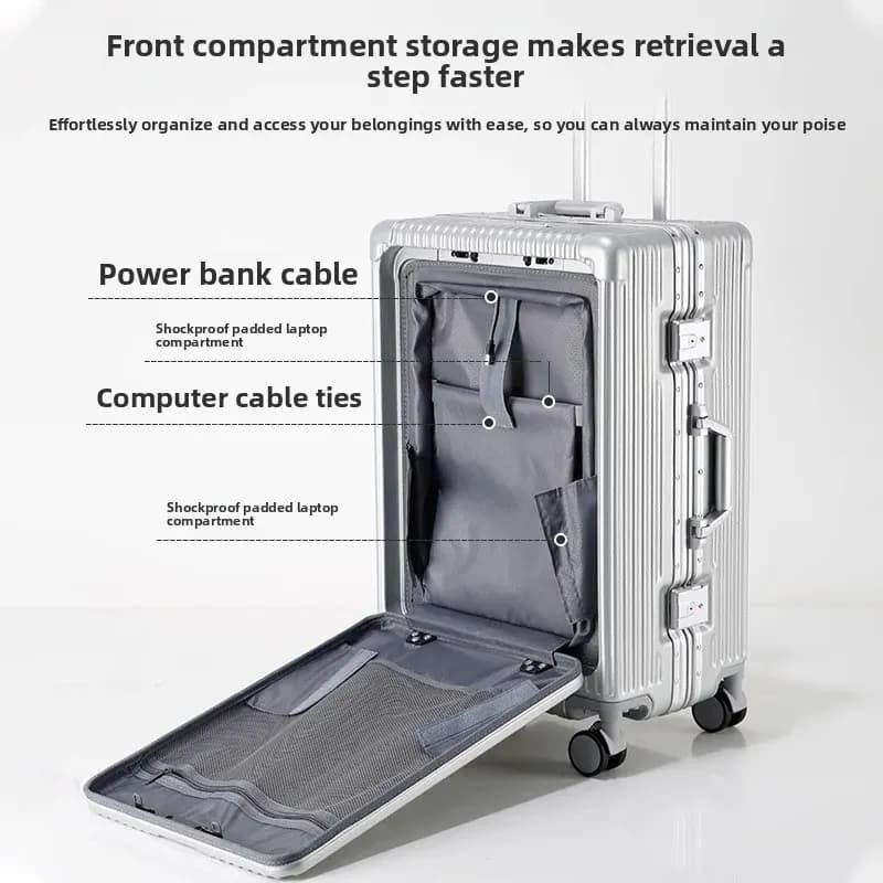 Front compartment open showing the device and cable organization panel