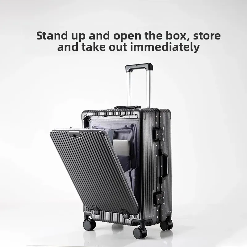 Carry-on standing upright with the front compartment panel opened
