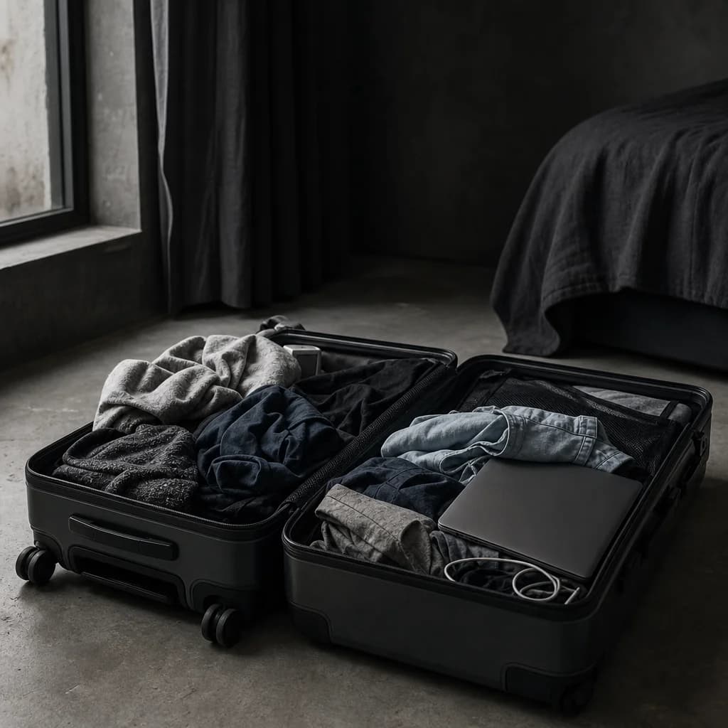 A traditional suitcase lying open flat on the floor