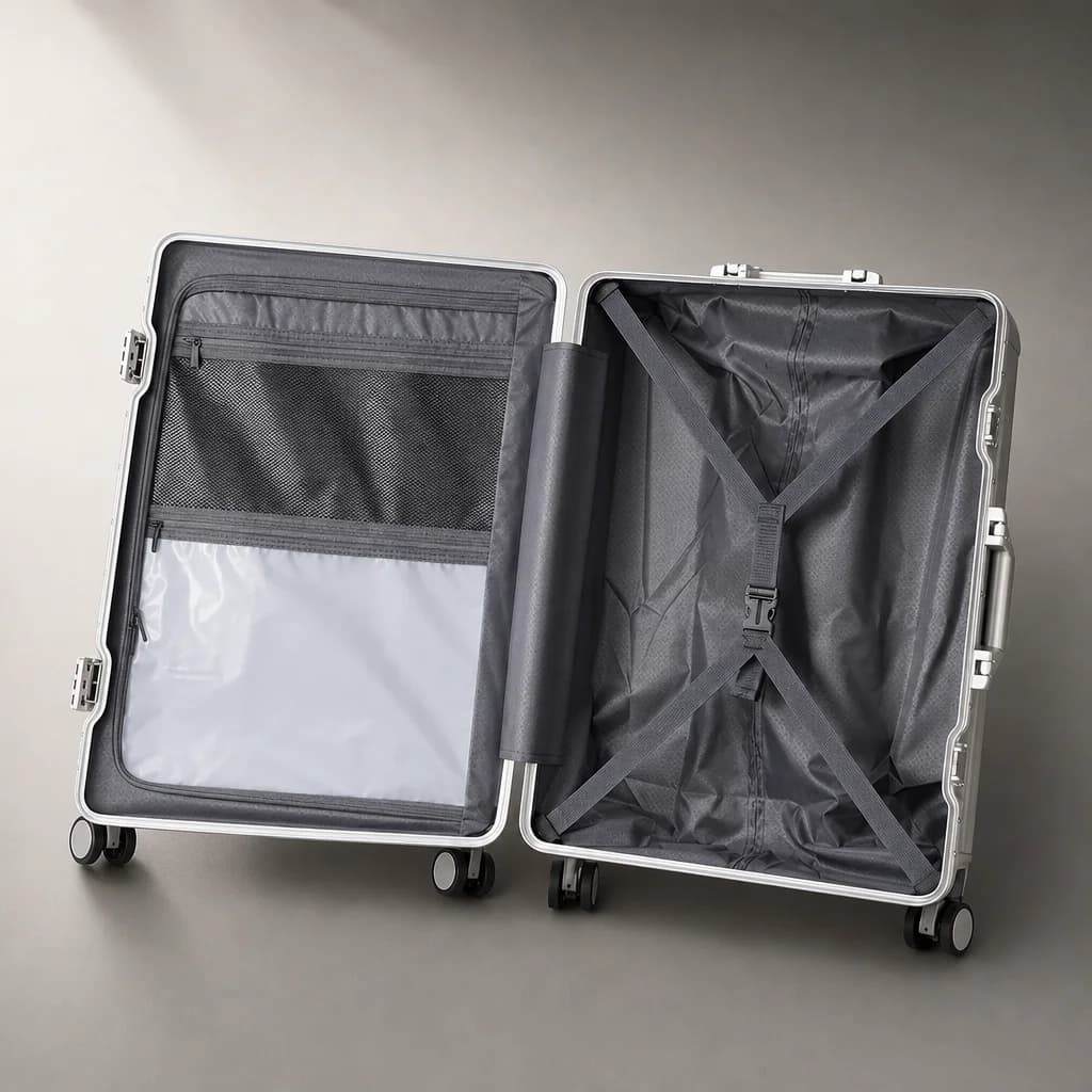 The dual-compartment interior opened flat, showing mesh divider and straps