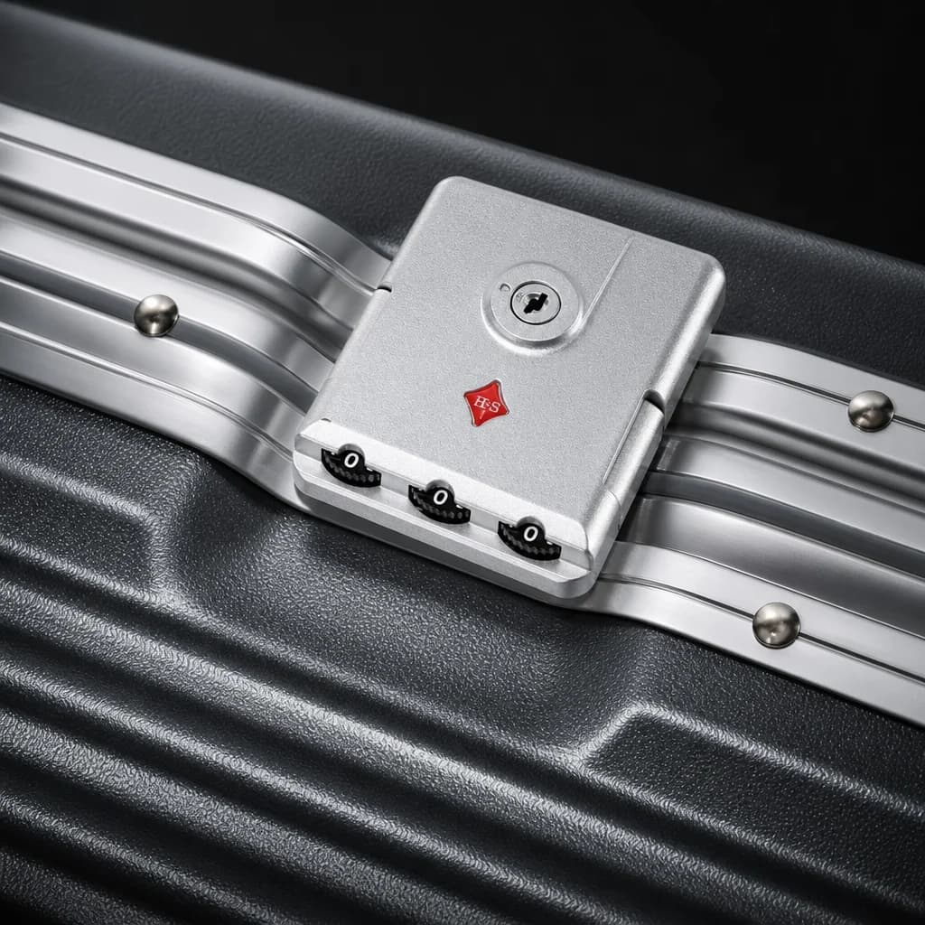 Macro of the three-dial combination lock on the aluminum frame