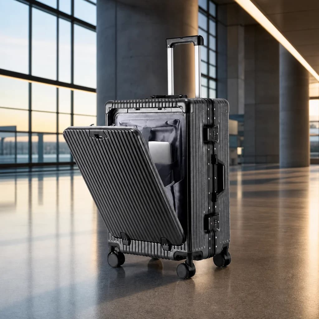 The carry-on in a blue-hour glass and concrete airport terminal