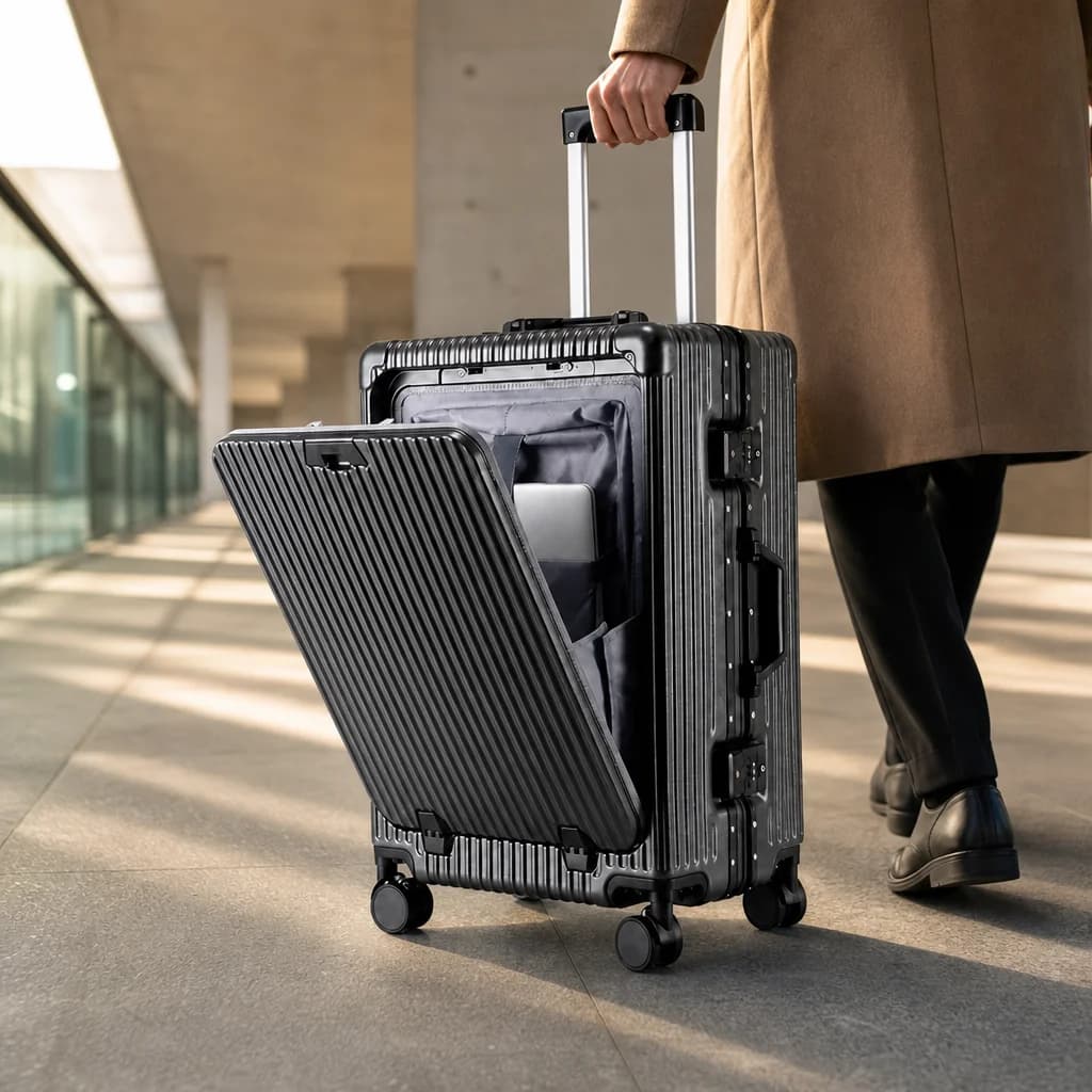 The aluminum frame carry-on rolling through modern architecture