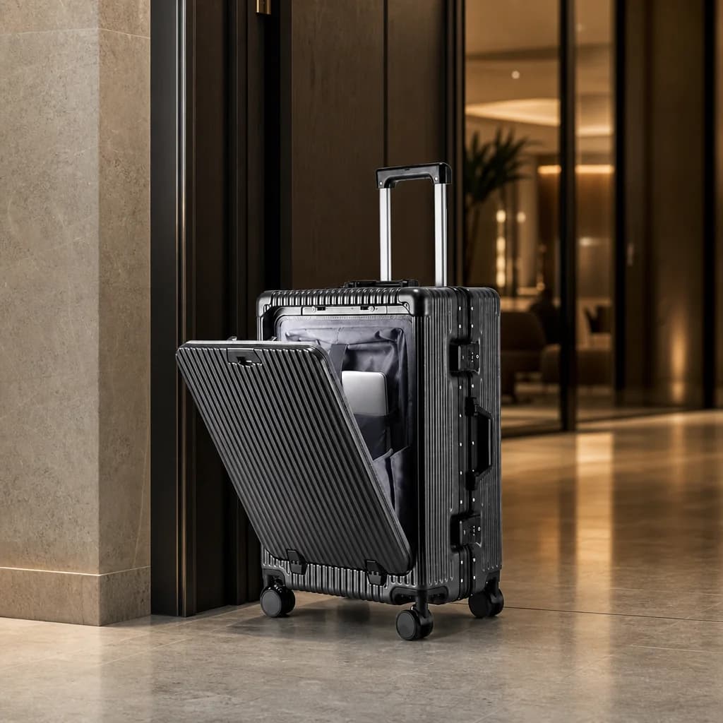 The carry-on arriving in a minimal stone and wood hotel lobby
