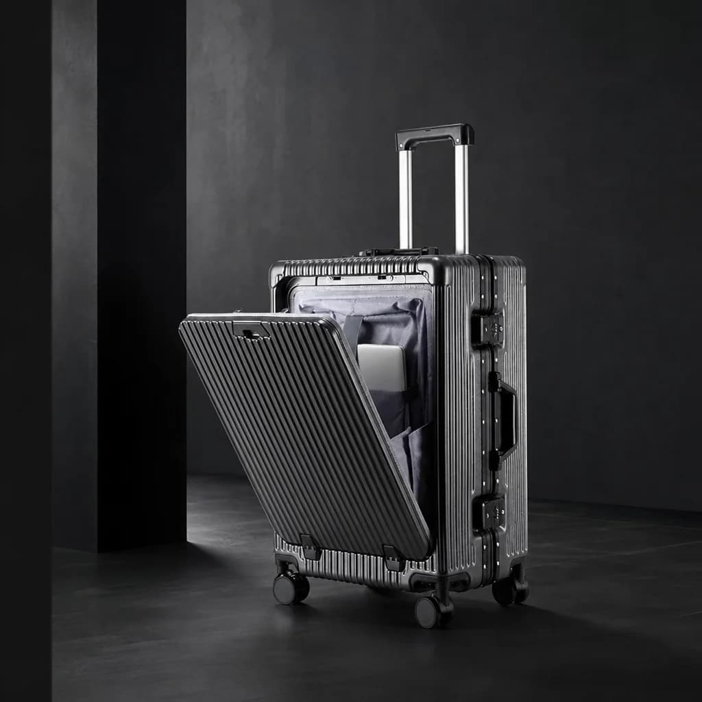 Front compartment of the carry-on open in a dark studio