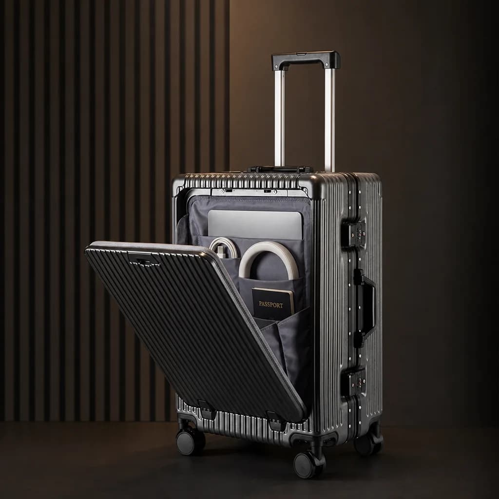 Laptop, passport and cables organized in the open front compartment