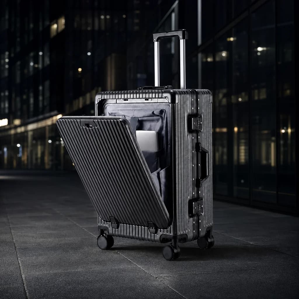 The carry-on beside dark glass architecture at night