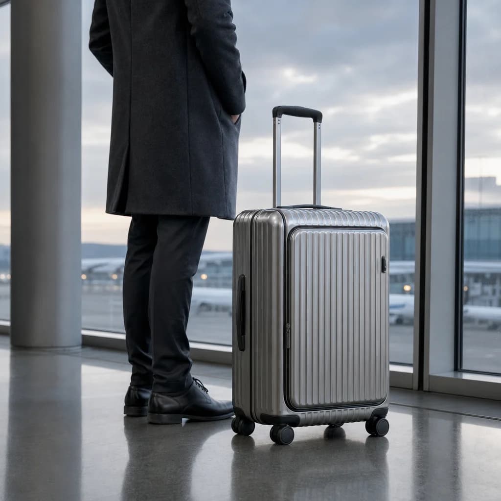 The aluminum-frame carry-on standing beside a traveller at an airport gate at dawn