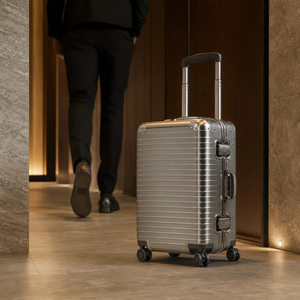 The carry-on arriving in a minimal hotel corridor