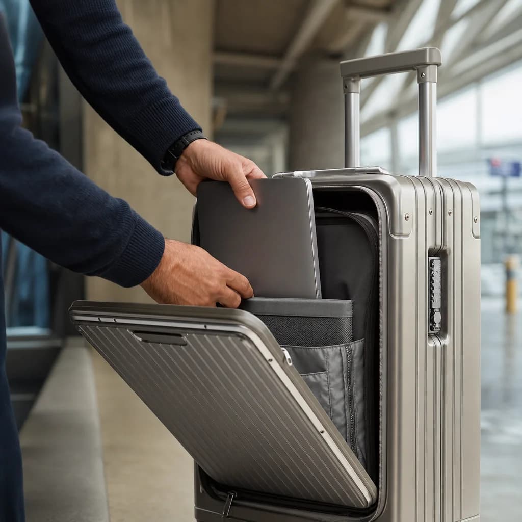 A laptop being retrieved from the open front compartment