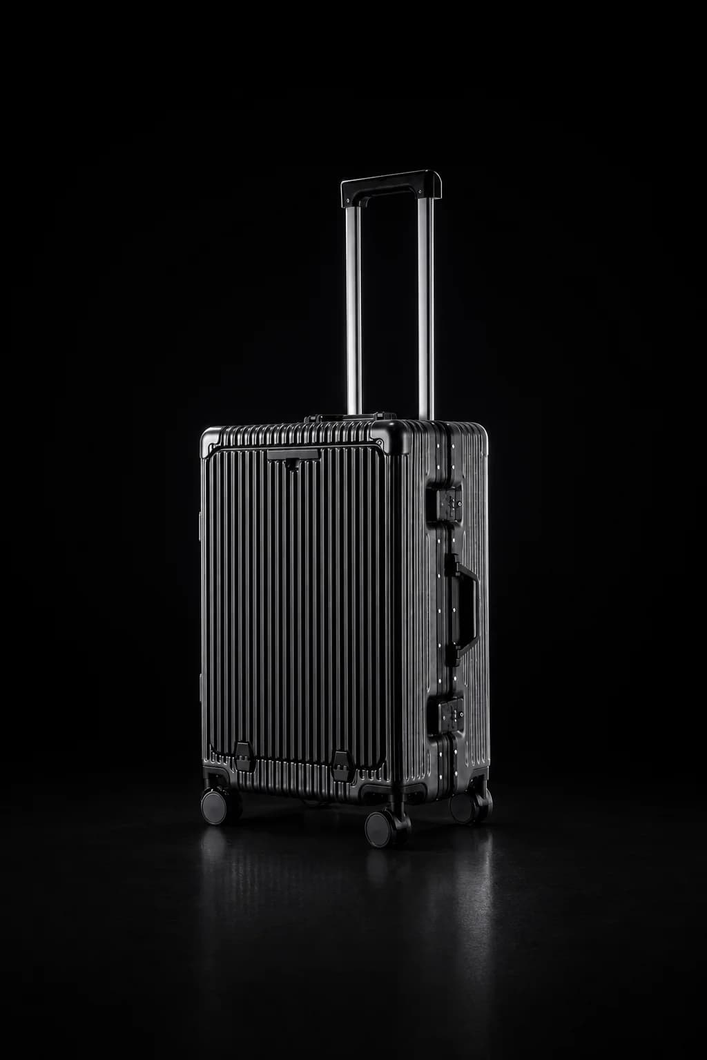 The aluminum frame hardside carry-on, closed, handle extended, rim-lit on carbon