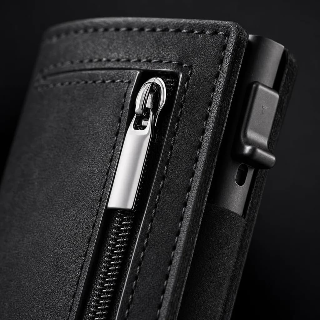 Macro detail of the VELT Obsidian surface, stitching and zipper