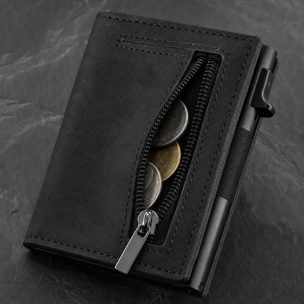 The VELT zip compartment open, Obsidian finish