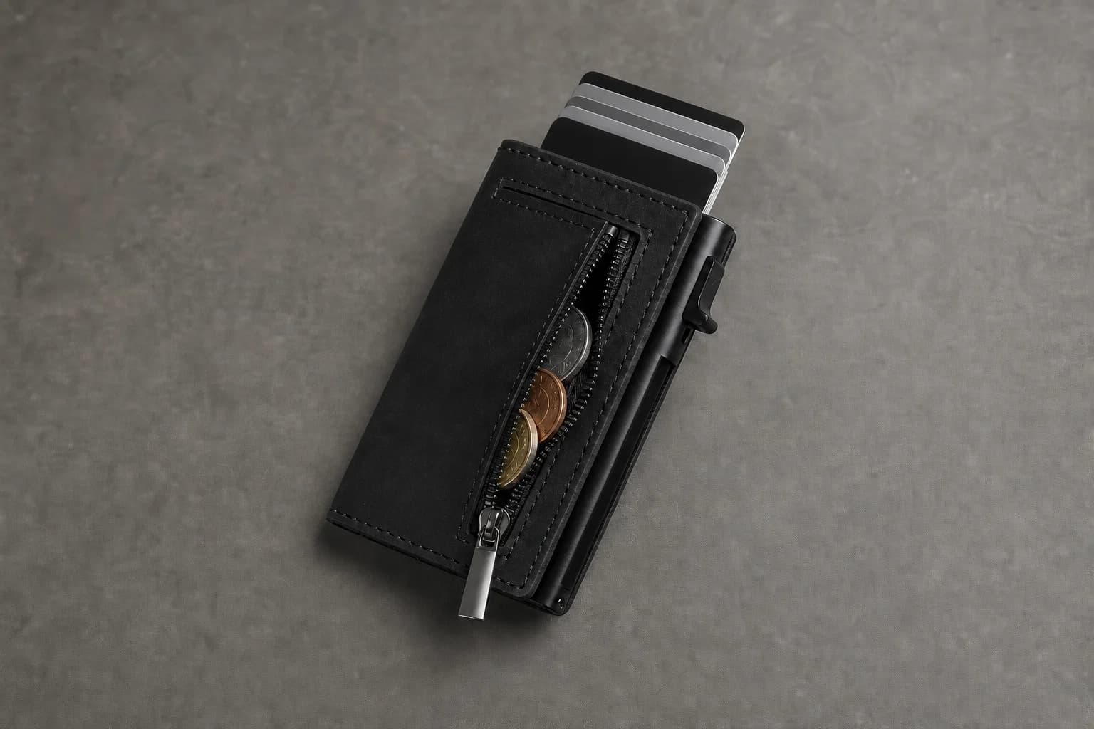 AERMOND VELT from above with cards raised and zip compartment open