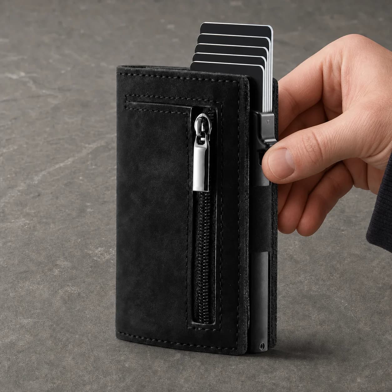 A thumb pressing the VELT side lever as the cards rise, Obsidian finish